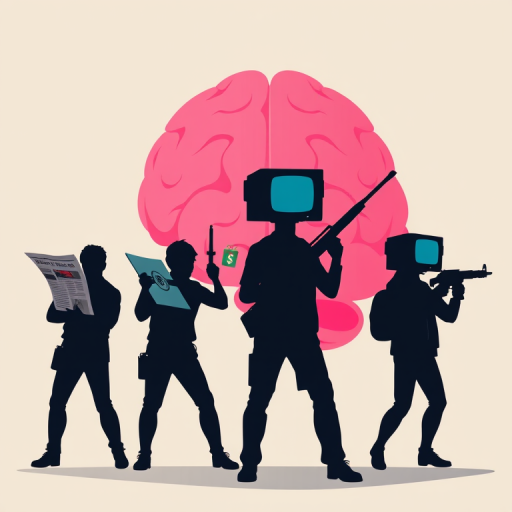 Create a high-quality digital illustration featuring four silhouetted figures carrying weapons, each with distinct objects such as a newspaper, a gift box, a money symbol, and a television head, facing a large pink brain in a neutral background, shot with a DSLR camera at f/8 aperture, ISO 100, 50mm lens, with a focus on vibrant colors and sharp detail.