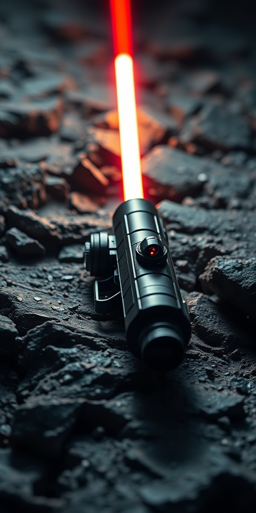 Create a high-resolution image of a futuristic laser weapon on a textured rocky surface with a dramatic light beam emanating from it, using a DSLR camera with a 50mm lens, f/1.8 aperture, ISO 100, and a macro view to enhance details and depth, in a cinematic style with high contrast lighting.