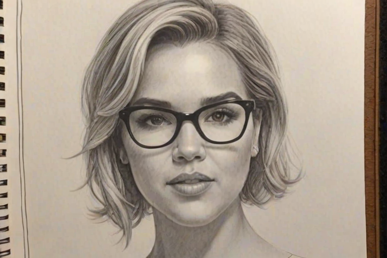 Exquisite Arielle Kebbel, pencil sketch, portrait of Superb woman 1959s in glasses, hair style beatnik, outline, clear lines, fine lines, 8k