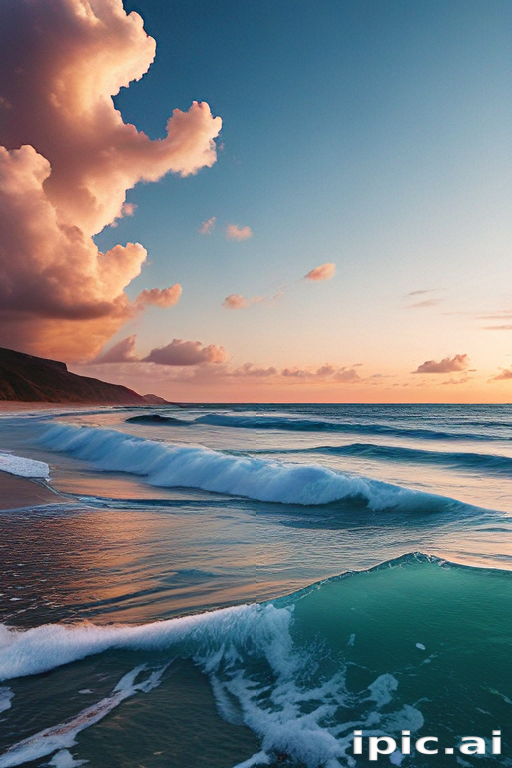 Serene Sunset Over Ocean Waves with Majestic Clouds in the Sky
