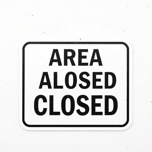 Create a high-resolution image of a "AREA CLOSED" sign on a plain white background, using a DSLR camera with a 50mm lens, aperture at f/5.6, ISO 100, shallow depth of field, and natural lighting for better clarity and contrast.
