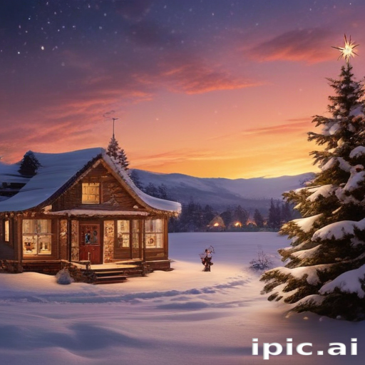 Charming Winter Scene with a Cozy Cabin and Snowy Landscape at Dusk
