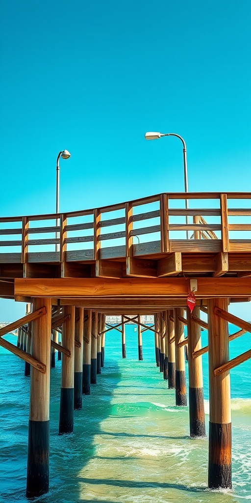 Capture a vibrant coastal scene featuring a wooden pier extending into the turquoise water under a clear blue sky, with softly lit street lamps along the railing, using a Canon EOS R5 with a 24-70mm f/2.8 lens, set at f/8, 1/200s, ISO 100, shot from a low angle to emphasize the curve of the pier and reflections in the water.