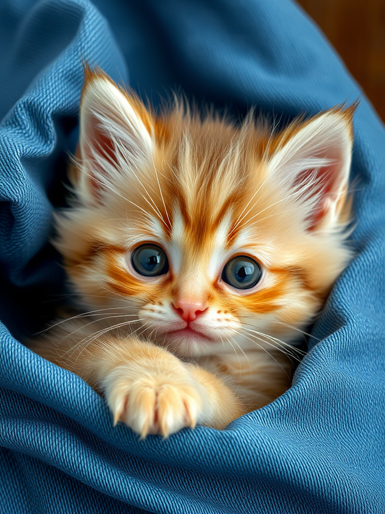 Cute fluffy kitten with big round eyes resting in denim fabric looking adorable and playful