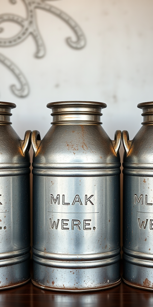A high-resolution image of three vintage metal milk cans arranged in a row, with a focus on texture and detail, taken with a DSLR camera at f/2.8 aperture, 50mm lens, ISO 100, with soft natural light and a blurred background to enhance the subject.