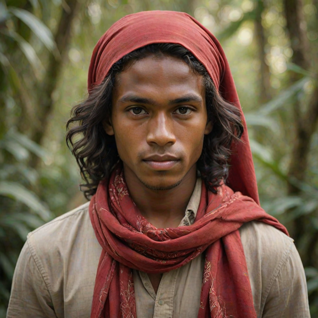 Create a portrait of a young Melanesian male with long, dark hair and captivating hazel eyes. She is wearing a red headscarf and a matching scarf draped gracefully around her neck. The background is softly blurred, focusing attention on her serene and natural expression. The overall color palette is muted and warm, enhancing the intimate and authentic feel of the portrait.
