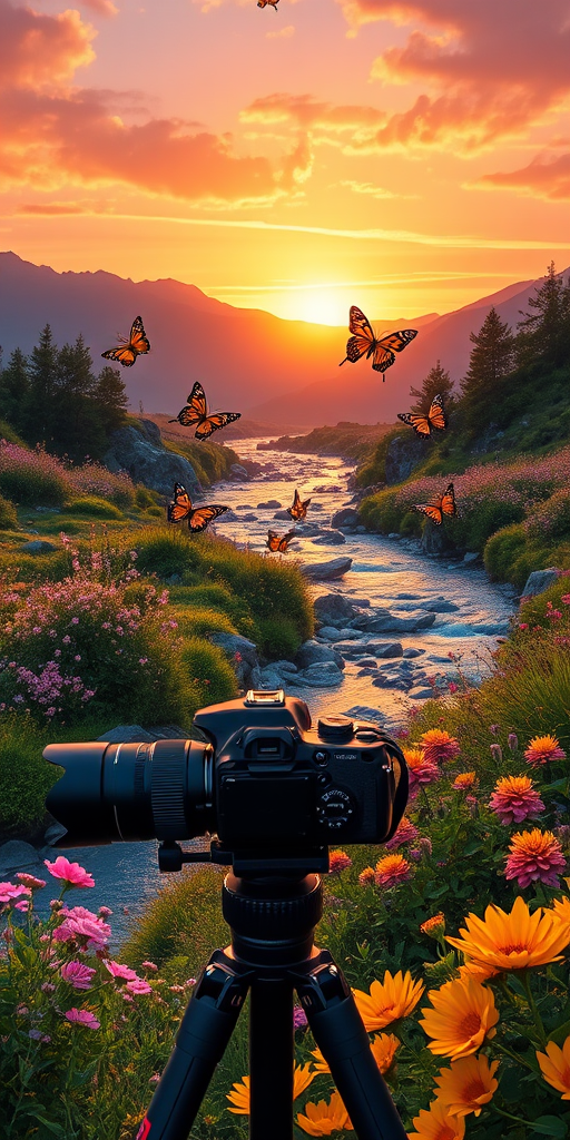 Create a vibrant landscape scene at sunset featuring colorful butterflies flying over a serene river surrounded by lush flowers and mountains in the background, using a DSLR camera with a 35mm lens, f/8 aperture, ISO 100, and a tripod for stability to enhance image quality.