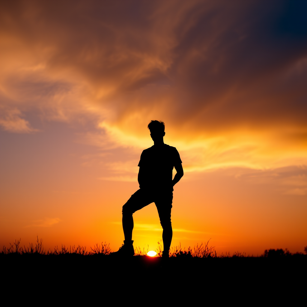 Capture a high-contrast silhouette of a person against a vibrant sunset, using a DSLR camera with a 50mm lens at f/1.8, ISO 100, and a shutter speed of 1/200 sec, shot from a low angle to emphasize the subject's stance.