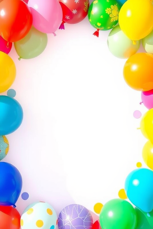 Create a vibrant image of a colorful balloon border featuring various shapes and patterns, with a blank central area for text, using a high-resolution camera with a 50mm lens, f/2.8 aperture, ISO 100, and natural lighting for enhanced clarity and color saturation.