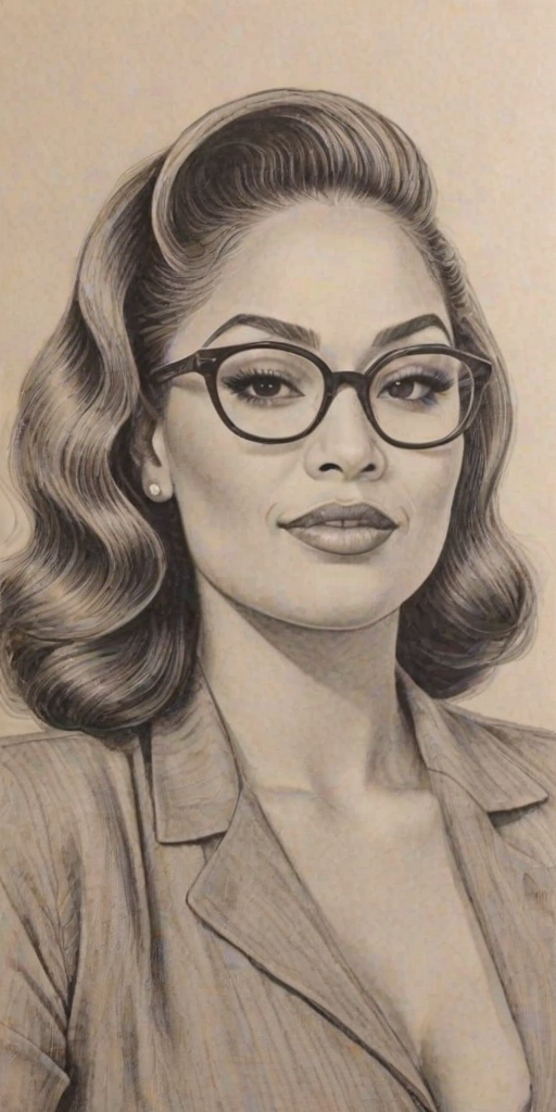 Enchanting Keke Wyatt, pencil sketch, portrait of Beauteous woman 1947s in glasses, hair style beatnik, outline, clear lines, fine lines, 8k