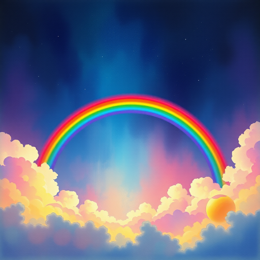 A whimsical and surreal sky with a vibrant rainbow, featuring dramatic lighting effects and a textured watercolor background, with a touch of gothic aesthetic.