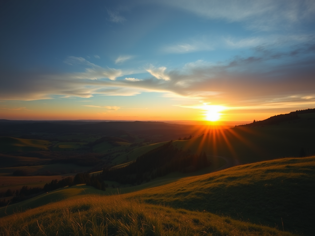 Generate a high-resolution image of a scenic landscape featuring rolling hills and a sunset, taken with a Canon EOS R5 at f/8, ISO 100, 1/125 sec, in a wide-angle view, using a vibrant color palette.