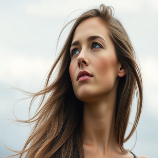 Create a portrait of a woman with long flowing hair, gazing thoughtfully into the distance against a soft, cloudy background, using a 50mm lens, aperture f/1.8 for shallow depth of field, soft natural lighting, shot at eye level with a DSLR camera.