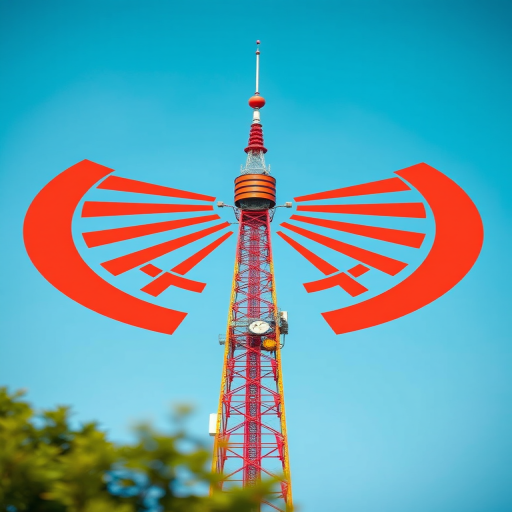 Create an image of a stylized radio tower emitting signal waves with a red and orange color scheme, using a high-resolution digital camera with a 50mm lens, aperture f/2.8, ISO 200, shot from a low angle to enhance the foreground detail and emphasize the tower against a clear blue sky.