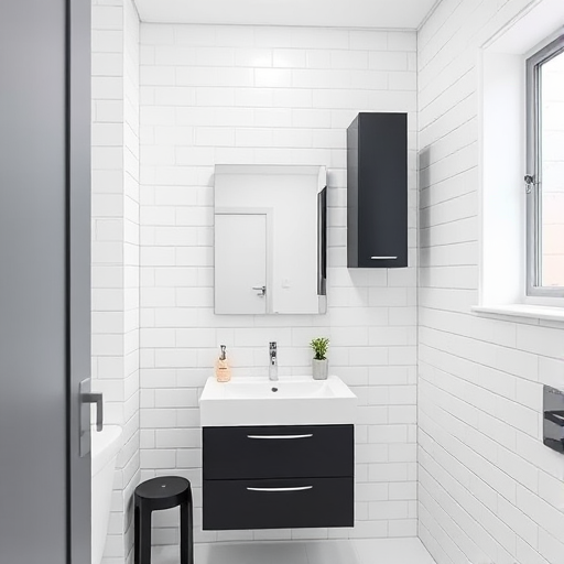 Modern bathroom interior featuring white tiled walls, black cabinetry, a sleek sink, and elegant accessories, shot with a DSLR camera at f/8, ISO 200, 24mm focal length, natural lighting, and a wide-angle perspective.