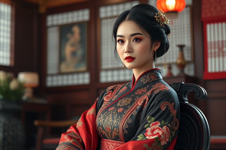A beautiful woman in traditional East Asian attire, intricately detailed with embroidered patterns, sitting gracefully in a richly decorated room, soft ambient lighting, serene and elegant, ultra-realistic, 8K resolution