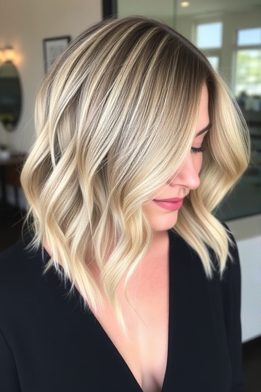 Sophisticated shoulder-length lob in ash blonde, styled with soft waves and babylights, creating a perfect balance of dimension and movement