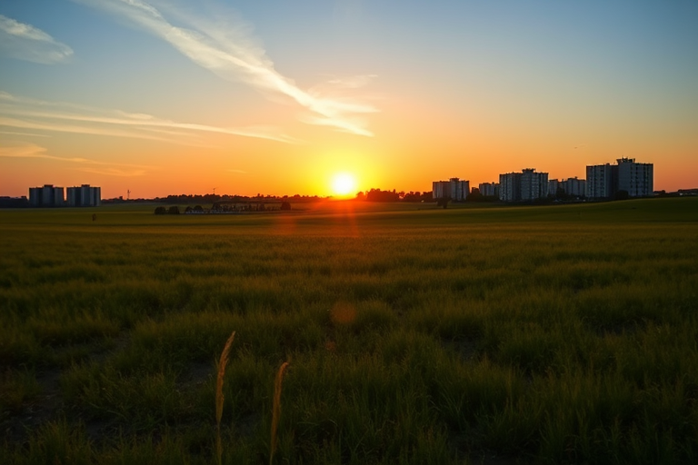 Landscape of a sunset over a field with urban buildings in the background, captured with a DSLR camera at f/8, ISO 200, 1/100 sec, with a wide-angle lens and a low angle view for enhanced depth.