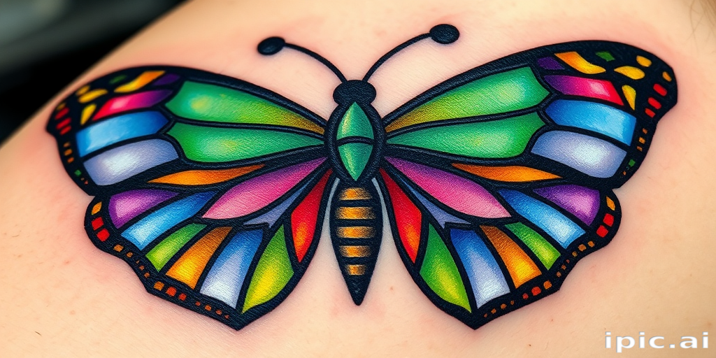 Whimsical "Stained Glass Butterfly" tattoo transforms a delicate insect into a colorful work of art. Vivid jewel tones of sapphire, emerald, and amethyst fill intricate geometric shapes, while black linework mimics the lead came of traditional stained glass. This eye-catching piece combines the beauty of nature with the artistry of human craftsmanship.