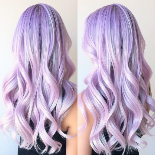 Ethereal lavender-tinted tresses in the "Mystic Meadow" style, long flowing layers with subtle pastel pink balayage, soft beachy waves cascading down back, face-framing pieces delicately curled, iridescent sheen reflecting light beautifully
