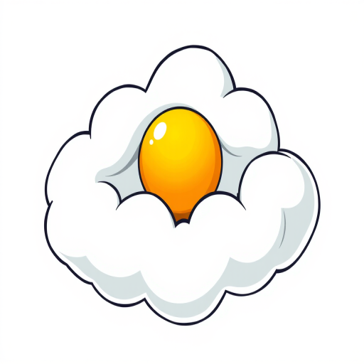 Create an image of a cartoon cloud with a sunny yellow egg yolk in the center, using a DSLR camera with a 50mm lens, f/1.8 aperture, ISO 100, and vibrant color settings for enhanced clarity.