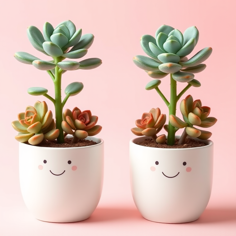 Generate a cute cartoon style image of two happy succulent plants in white pots on a light pink background, using a digital camera with a 50mm lens at f/2.8, ISO 100, and a soft focus effect for enhanced quality.
