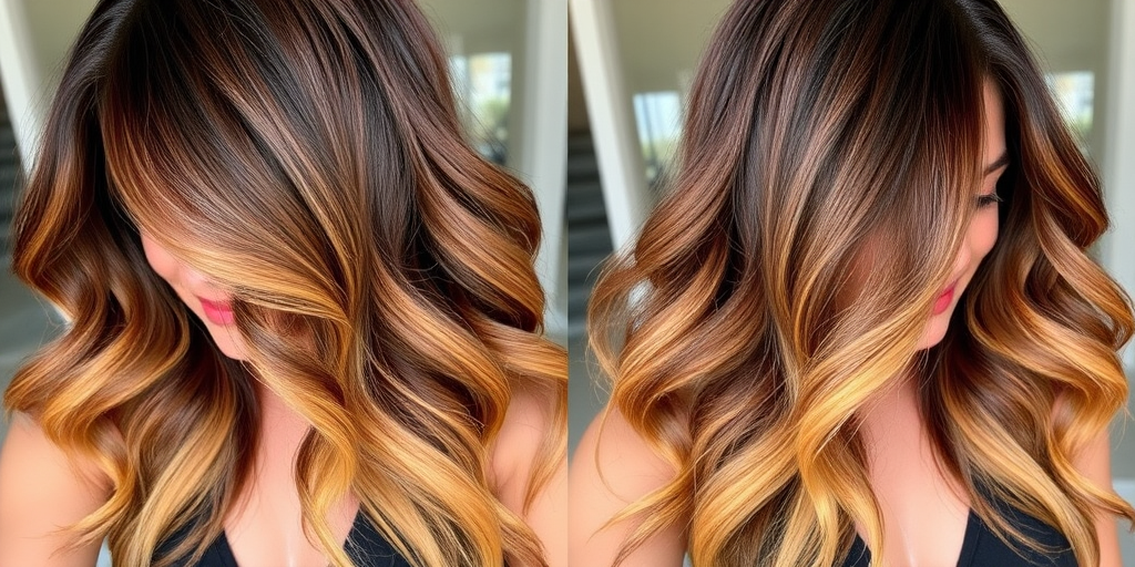 Elegant ombre balayage transitioning from deep chocolate brown to warm honey gold, styled in loose beachy waves with face-framing tendrils for a sun-kissed glow