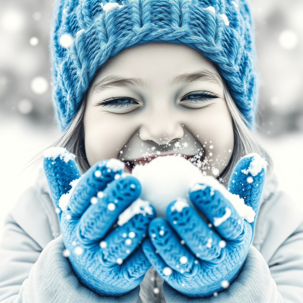 A hyperdetailed photorealistic macro image black and white pencil sketch of a young girl getting hit by a snowball during a snowball fight. She is wearing a brilliant sapphire blue wool beanie and bright blue mittens. She is trying to block the snowball by putting her hands up. The snowball hits her beanie and disintegrates into myriad tiny snowflakes caught with high speed photography. The girl is laughing and having a wonderful time.
