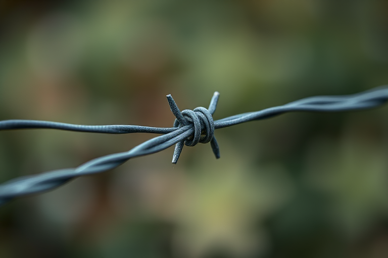 Create a high-resolution image of barbed wire with sharp, detailed lines, captured using a DSLR camera, f/8 aperture, 1/125s shutter speed, ISO 200, with a macro lens at a slightly elevated angle for depth.