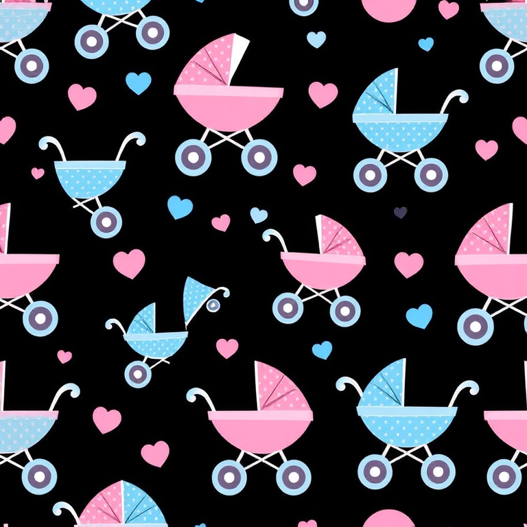Create a repeating pattern of baby strollers in pink and blue with polka dots and hearts on a black background, high resolution, top-down view, DSLR camera, f/8 aperture, ISO 200, 50mm lens.