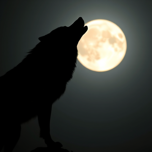 Create a highly detailed silhouette of a majestic wolf howling at a full moon, shot with a Canon EOS R5, 50mm f/1.2 lens, at ISO 200, f/2.8 aperture, and a shutter speed of 1/100s, capturing images in dramatic backlighting with a slight vignette effect.