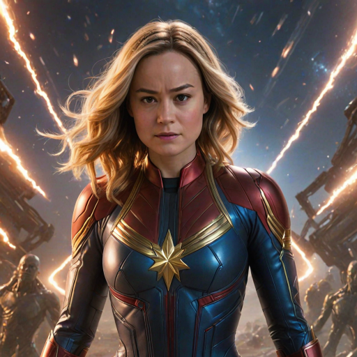 Powerful image of Brie Larson, Captain Marvel's cosmic hero, with her determined expression and glowing fists, soaring through a star-filled galaxy, leaving a trail of energy in her wake as she battles alien spaceships