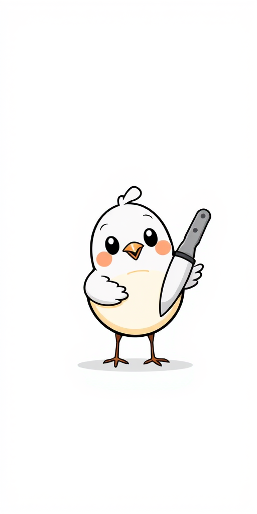 Cute cartoon bird holding a knife with a simple black outline on a white background, featuring a round body, small wings, and a cheerful expression.