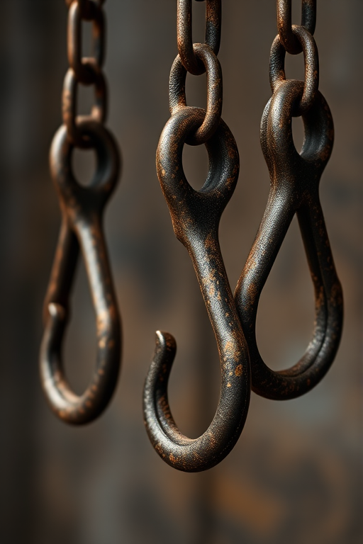 Photorealistic close-up of three aged metal hooks hanging from rusty chains, with dramatic lighting, aperture f/2.8, ISO 100, 50mm lens, shot from eye level, using a DSLR camera to capture intricate details and texture.
