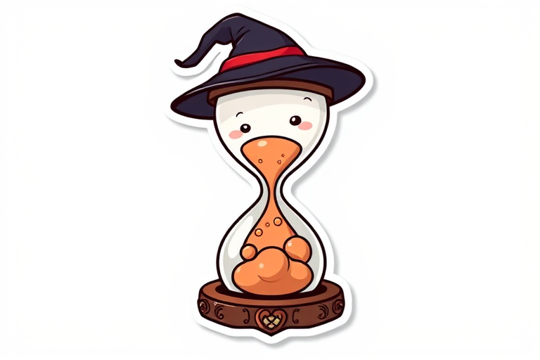 this image is a kawaii Witch's hourglass sticker, 3d digital art, white background, sticker line weight