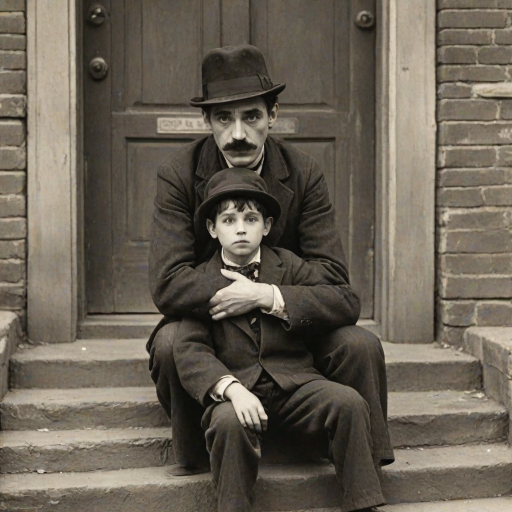 A black-and-white photograph of a man and a child sitting on steps in front of a doorway. The man is dressed as a tramp with a bowler hat, mustache, and ragged clothes, reminiscent of Charlie Chaplin's iconic look. He is sitting with his arms crossed and an expression of slight sadness or frustration. Next to him is a young boy, also in worn clothes and a cap, sitting with his hands clasped, looking thoughtful. The background is an old, textured wall and a partially open door, creating a vintage, early 20th-century atmosphere.
