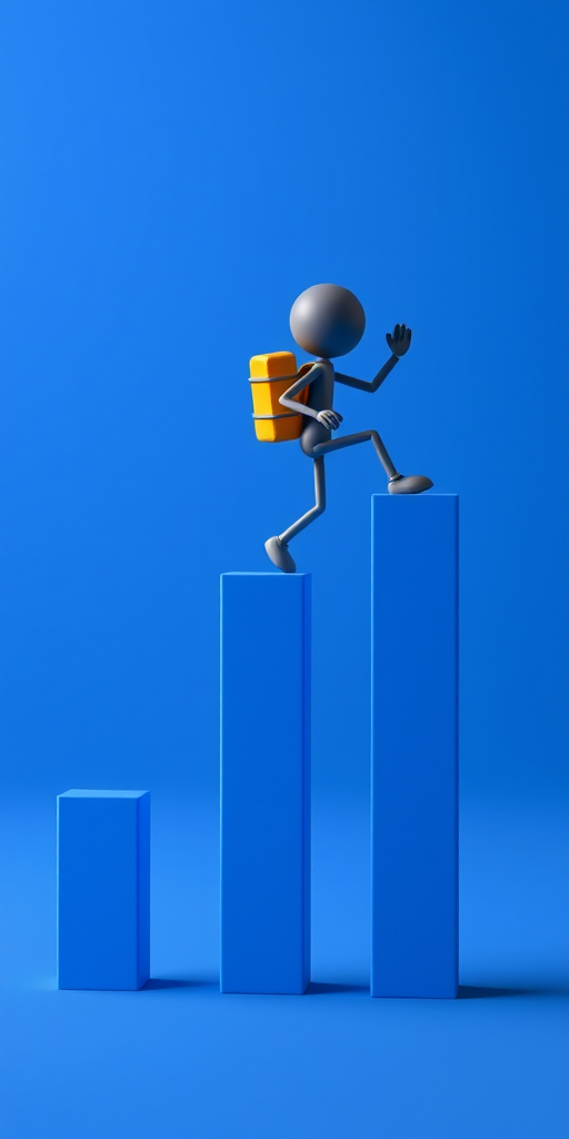 create an image of a 3D stick figure with a backpack climbing a blue bar graph with increasing heights, focus on bright colors and high contrast, use a Canon EOS R5 with a 50mm lens at f/2.8, ISO 100, and a shutter speed of 1/200s, in a studio setting with softbox lighting for enhanced clarity and detail