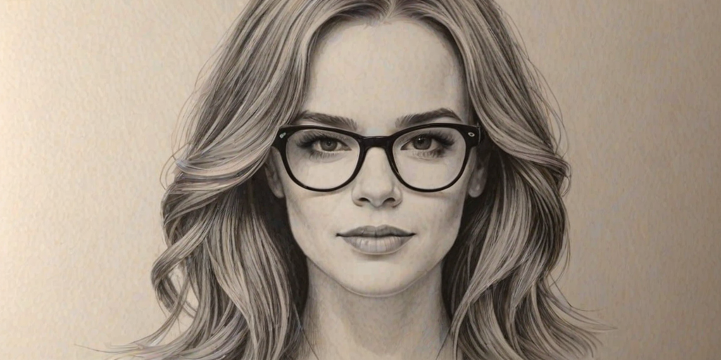 Bewitching Danielle Panabaker, pencil sketch, portrait of Magnificent woman 1975s in glasses, hair style beatnik, outline, clear lines, fine lines, 8k
