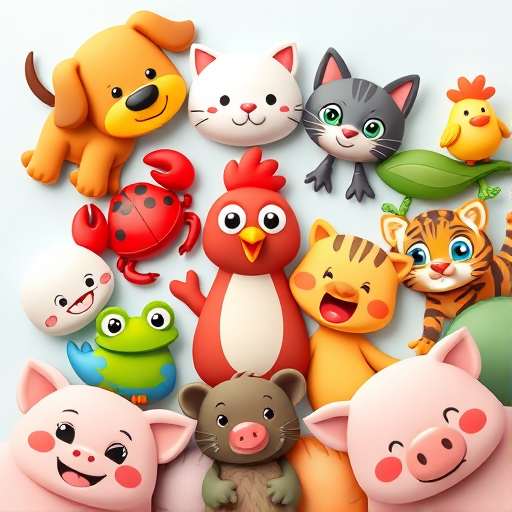 Generate a colorful cartoon-style illustration of various cute animals including a dog, ladybug, crab, cat, frog, hen, tiger, and pig arranged in a playful layout using a DSLR camera with a 50mm lens at f/2.8 for a shallow depth of field and vibrant colors, shooting from a top-down view to enhance depth and clarity.