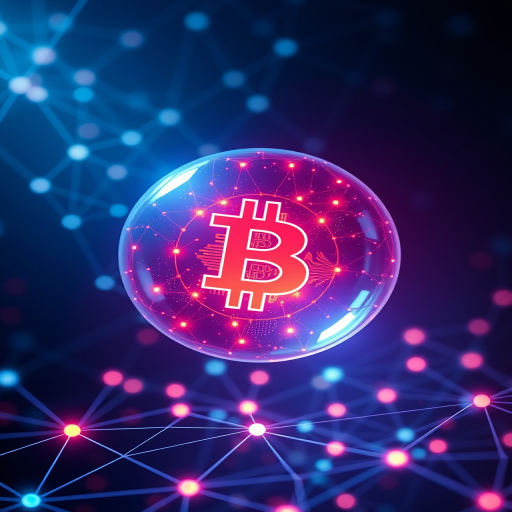 Create an image of a digital representation of a Bitcoin symbol inside a transparent sphere, surrounded by a network of interconnected lines and nodes, with a focus on glowing effects and vibrant colors, captured with a Canon EOS R5, 50mm lens, f/1.8 aperture, ISO 100, under a studio light setup for high detail and clarity.