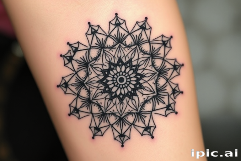 Delicate blackwork mandala tattoo called "Sacred Geometry" showcasing intricate repeating patterns radiating from a central point with varying line weights and dotwork shading