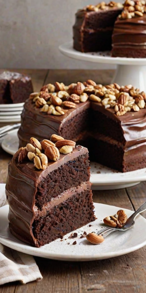 Create an image of a rich chocolate cake with a slice cut out, showcasing a moist interior filled with chunks of chocolate and nuts. The cake should be dusted with powdered sugar on top and placed on a rustic surface. The background should be subtly textured to enhance the cake's appeal.