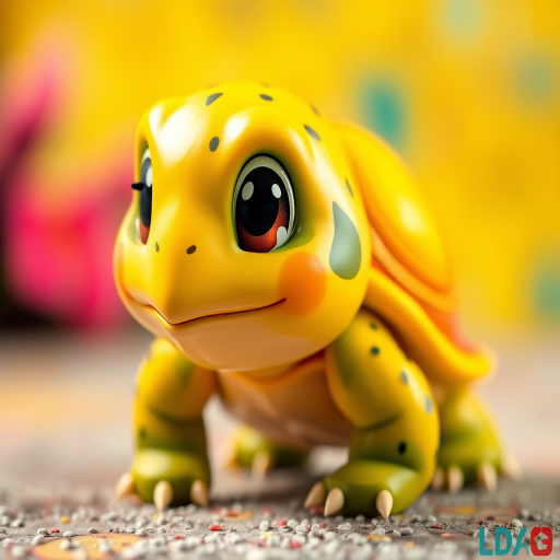 regenerate a cute cartoon turtle character with a shiny yellow shell and playful expressions, using a bright and colorful background, captured with a DSLR camera at f/4, ISO 100, 1/200 sec, in a close-up view with a soft focus effect to enhance details and vibrancy