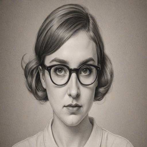 Lovely Lena Dunham, pencil sketch, portrait of Bewitching woman 1931s in glasses, hair style beatnik, outline, clear lines, fine lines, 8k