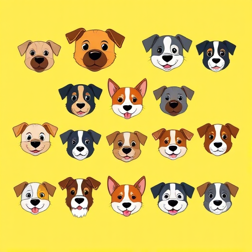 Create a vibrant illustration featuring a variety of cartoon dog heads arranged in a grid on a bright yellow background, using a digital drawing style with clean lines and bold colors, simulating a studio lighting setup with a high-resolution camera at 50mm focal length, f/2.8 aperture, and ISO 100 to enhance clarity and detail.