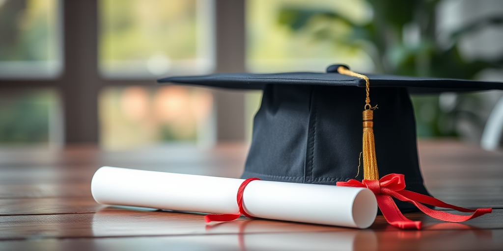 Create an image of a graduation cap and diploma on a wooden table with natural lighting, using a DSLR camera, 50mm lens, f/1.8 aperture, ISO 100, and a shallow depth of field for a soft background blur.