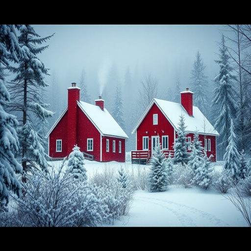 create a winter landscape scene with two red houses surrounded by snowy trees, gentle smoke rising from chimneys, soft snowfall, camera settings f/8, ISO 200, shutter speed 1/125, camera view wide-angle, camera style bright and colorful, camera type DSLR