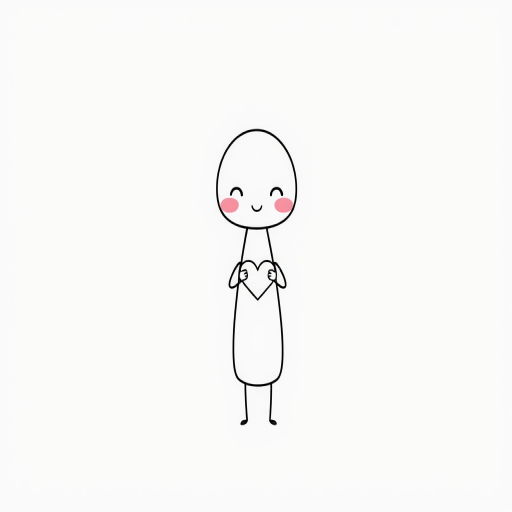 Create a simple cartoon character with a long body and a rounded head. The character should have blushing cheeks and be holding a heart shape with its hands. The style should be minimalistic with clean lines and a playful expression. Use a white background for a cheerful look.
