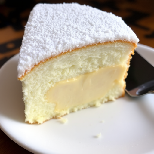 A close-up of a slice of fluffy white cake with powdered sugar on top revealing a creamy filling inside on a white plate with a cake server nearby.
