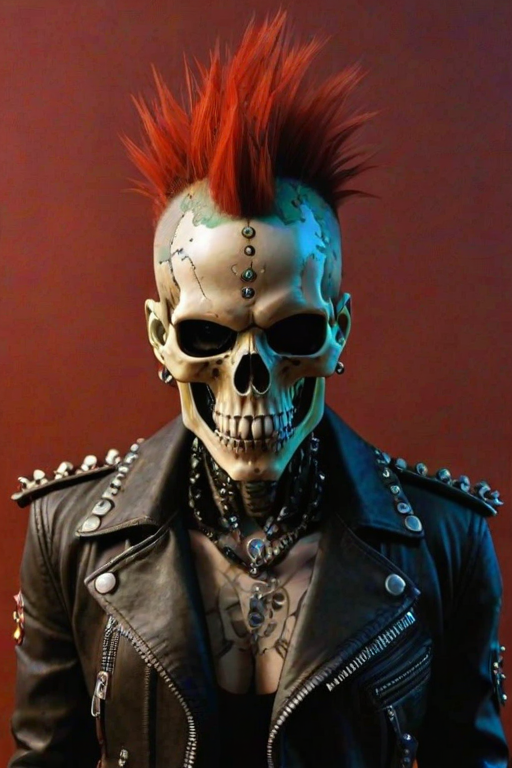 image of a stylized figure that merges human traits with mechanical parts, embodying the essence of a cyborg. The character's head is a detailed skull with eyes that emit a green luminescence, and atop its head are metallic spikes, styled in the fashion of a mohawk, to accentuate a punk vibe. A cigarette is placed between its teeth, while it dons a high-collared leather jacket, adorned with studs, reinforcing its rebel ethos. The skull is intricately detailed with elements that evoke metallic machinery and electronic circuits, enhancing its mechanical nature. Emblazoned on the forehead of the skull is a flag, while the jacket's collar is decorated with assorted, vibrant patches, including one with a peace symbol. Set against a striking red backdrop, the text 'ST. KNOX III' hovers above, suggesting a moniker linked to the figure. The overall portrayal is of a figure that represents defiance and a dystopian reality